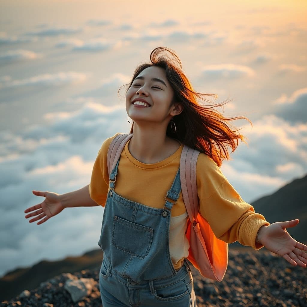 Persona sonriendo con actitud positiva frente a un paisaje inspirador al amanecer