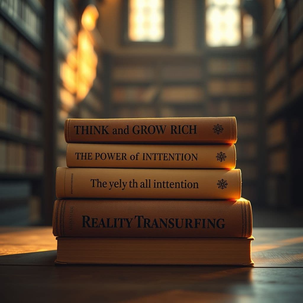 Tres libros transformadores apilados con luz dorada que simboliza crecimiento personal