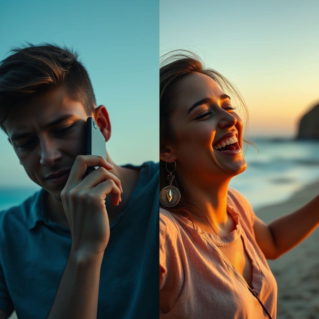 Contraste entre una persona mirando su teléfono con expresión triste y otra sonriendo mientras disfruta el momento presente