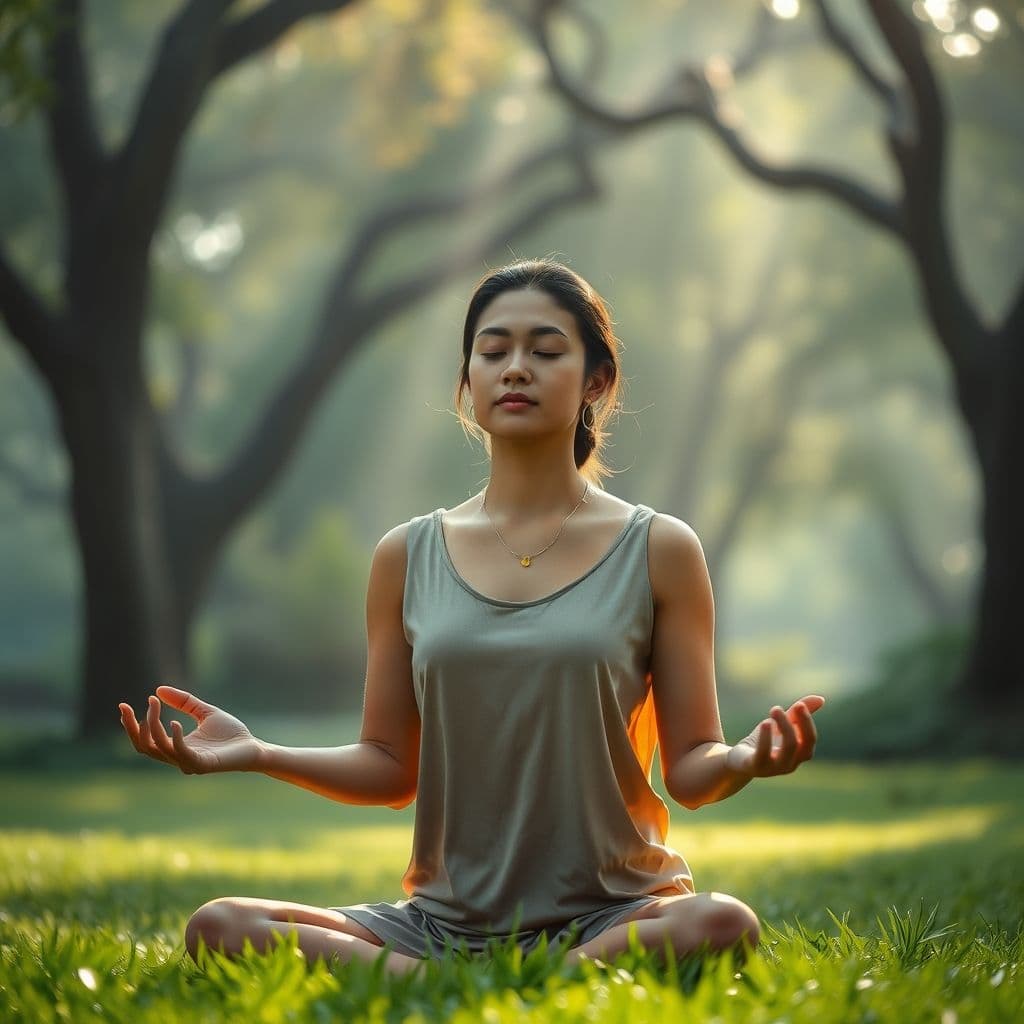 Persona meditando en un entorno natural, conectando con su interior.