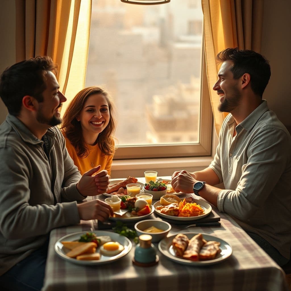 Mujer sonriendo mientras comparte comida con su pareja