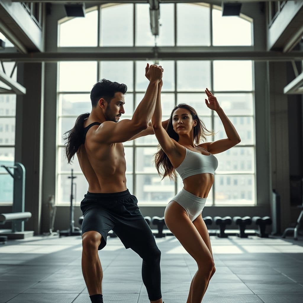 Pareja entrenando juntos en el gimnasio, motivándose mutuamente
