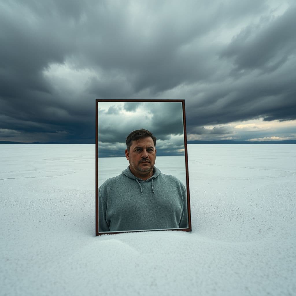 Persona enfrentando sus pensamientos negativos en un espejo, representando la autoobservación.