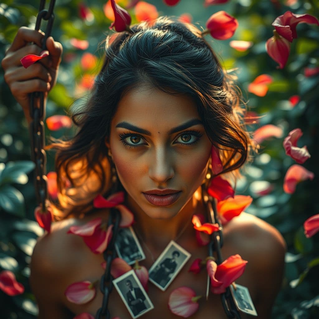 Mujer rompiendo simbólicamente cadenas que la atan al pasado