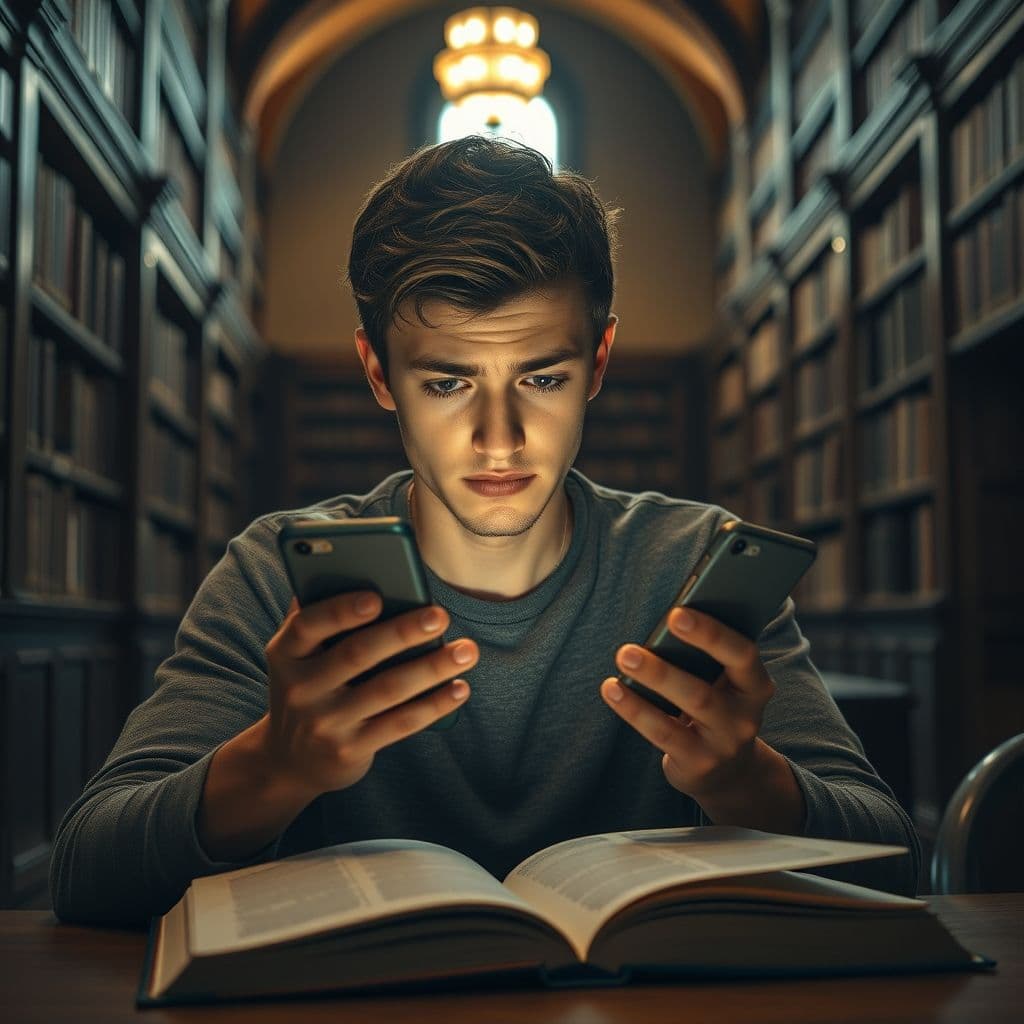 Persona mirando su móvil con expresión de frustración mientras intenta concentrarse en un libro.