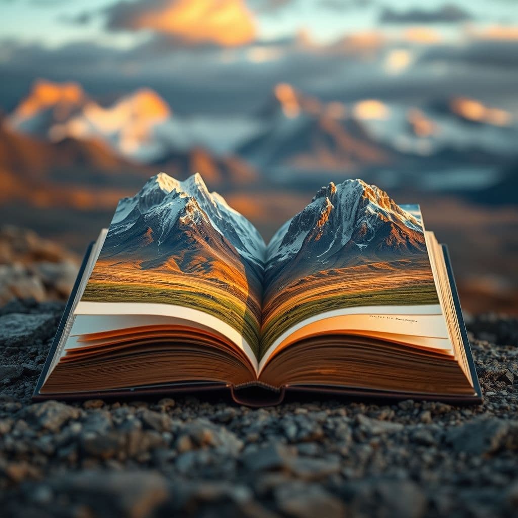 Libro abierto con páginas que se transforman en un paisaje de vida y posibilidades