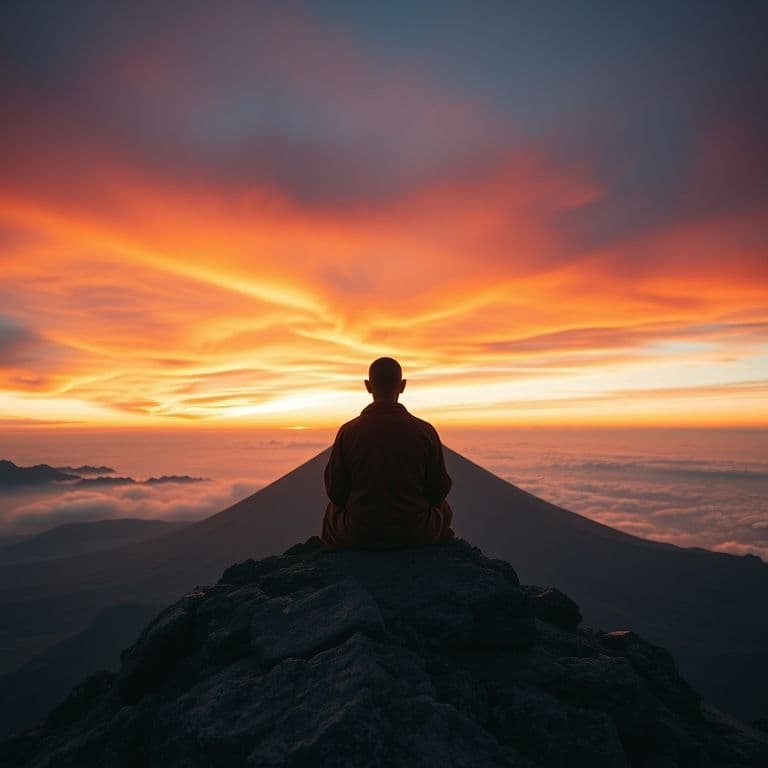 Persona meditando en la cima de una montaña al atardecer