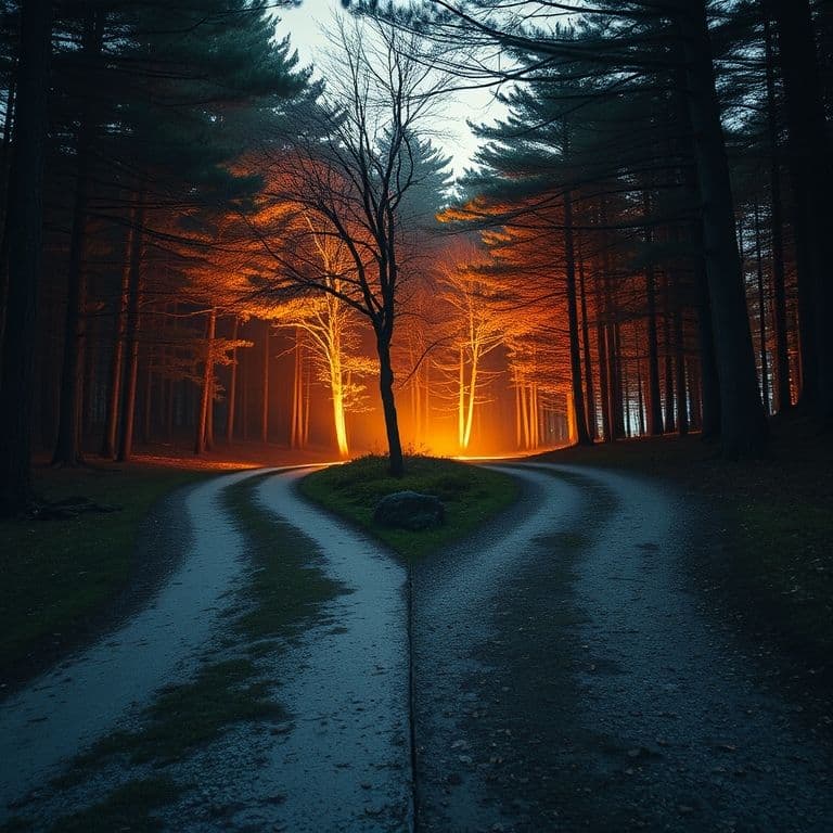 Metáfora visual de caminos que se separan en un bosque durante el otoño