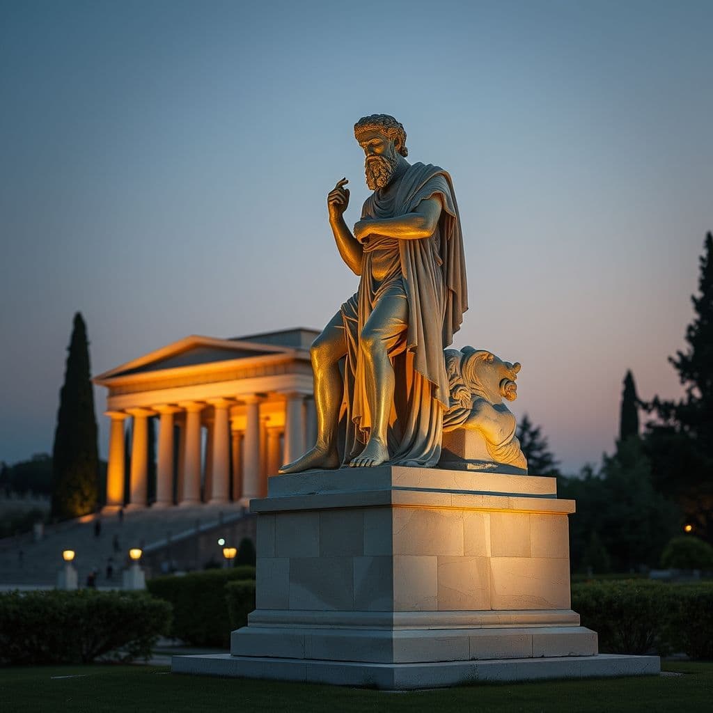 Estatua de Aristóteles en un jardín al atardecer, mirando pensativamente hacia el horizonte.